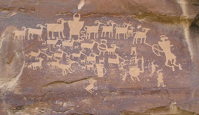 Petroglyph-9-Mile-Canyon_WikiScottCatron_680 Hunt Scene petroglyph along Nine-Mile Canyon National Backcountry Byway, near Price, Utah. By Scott Catron