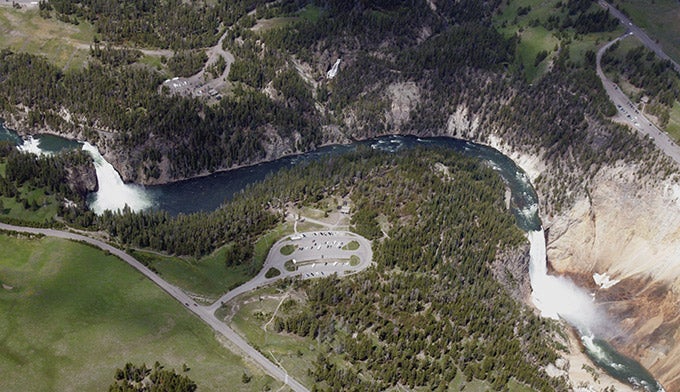 YS-3-Canyon-Waterfalls-Aerial_NPSJimPeaco_680 The 3 waterfalls in the Grand Canyon of the Yellowstone: Upper Falls (left), Crystal Falls (upper center), and Lower Falls (right).