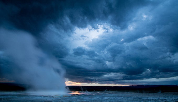 YS-NightSkiesPW-SpasmGeyserSunset-6.7.16_RobWoodPhotography_680 Stormy night skies at sunset over Spasm Geyser in Yellowstone.
