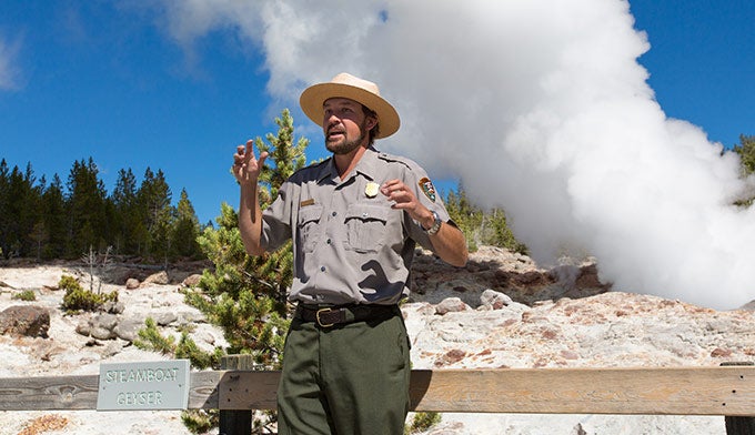 YS-Ranger-Steamboat-Geyser_NPSNealHerbert_680 A Park Ranger talking in front of Steamboat Geyser. Photo by NPS Neal Herbert