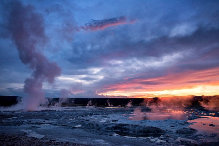YS-Fountain-Paint-Pots-sunset_KenHubbard_700v Steam rising over Fountain Paint Pots in Yellowstone's Lower Geyser Basin