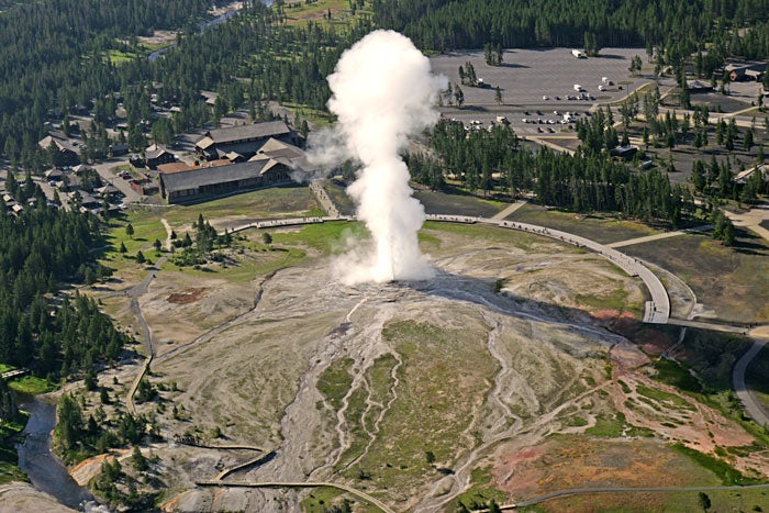 Aerial view of Old Faithful geyser