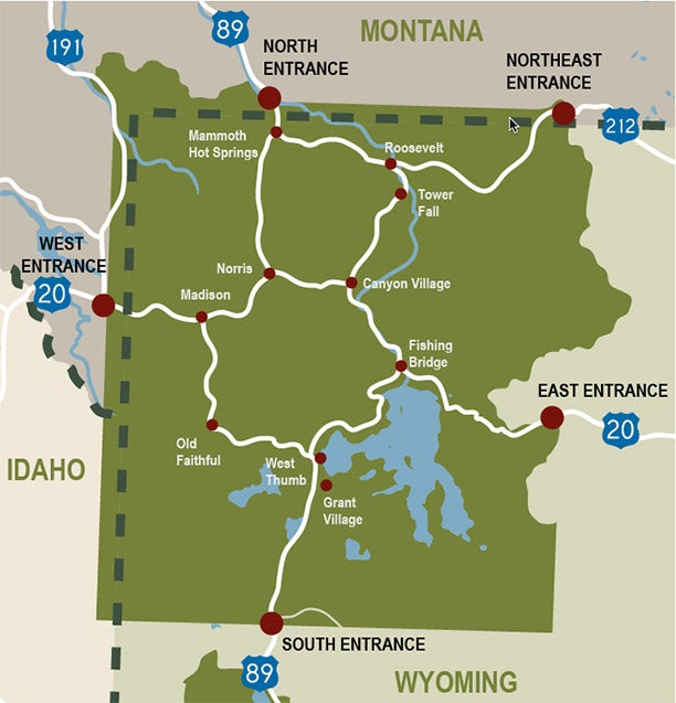 Yellowstone-Roads_612x637 Yellowstone road map showing entrances and the Grand Loop Road