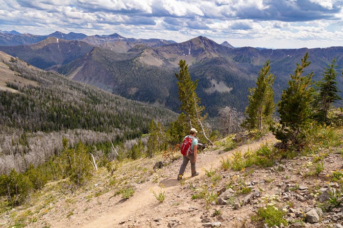 YS-AvalanchePeakTrail-hiker_NPSJacobWFrank_700 A hiker headed up Avalanche Peak Trail in Yellowstone