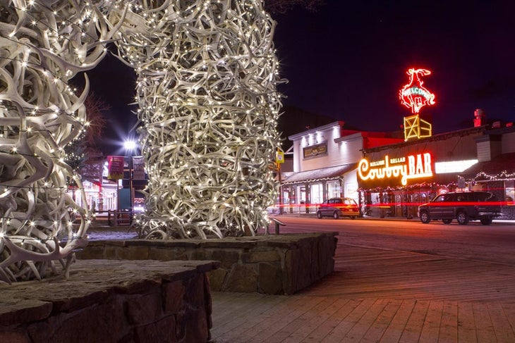 Downtown Jackson, Wyoming, with its Million Dollar Cowboy Bar and a town square cornered with antler arches