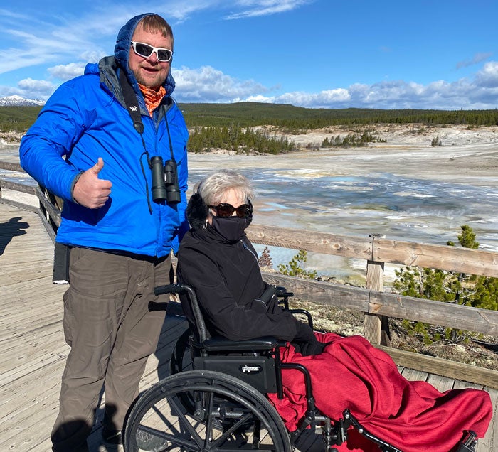 TetonExcursions-YS-Norris-wheelchair_courtesy_700v Woman with wheelchair on a Teton Excursions custom road trip to Yellowstone