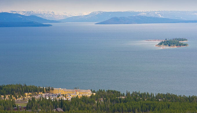 YS-Lake-With-Hotel-Dot-Island Yellowstone Lake with Hotel and Dot Island. Photo by Jeff Vanuga