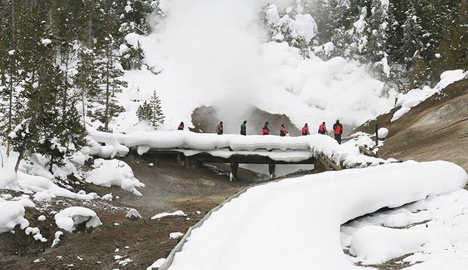 Winter-Dragon's-Mouth-Spring_NPSJimPeaco_680 Yellowstone winter visitors at Dragon's Mouth Spring. Photo by NPS Jim Peaco