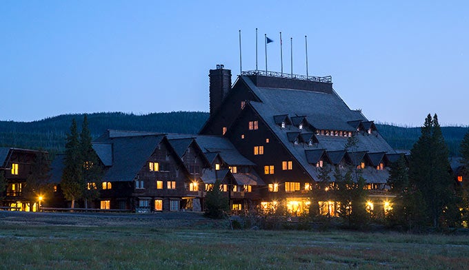 Yellowstone's Old Faithful Inn at night
