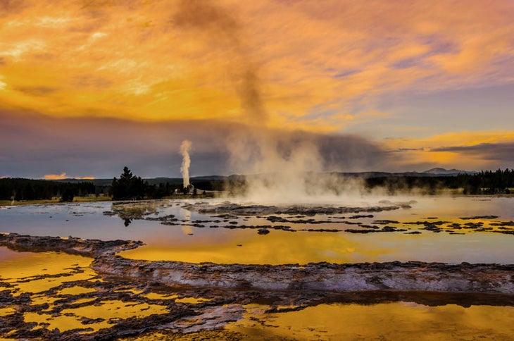 Sunset at Great Fountain Geyser in Yellowstone