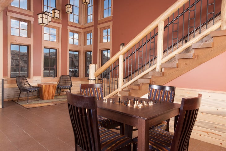 The Moran Lodge lobby with wainscoating made from beetle-kill wood.