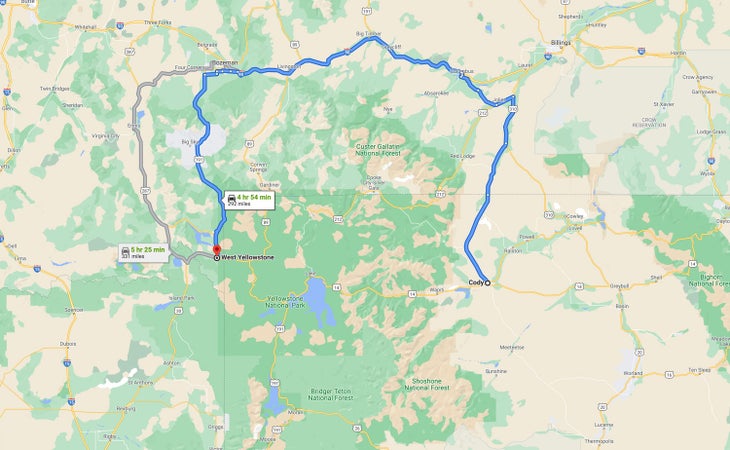 Google Map from Cody to West Yellowstone