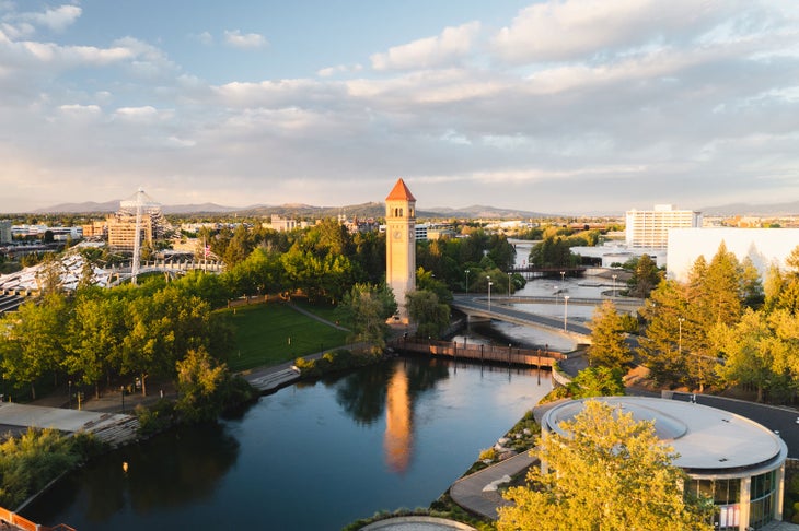 Spokane's Riverfront Park with its pavilion, historic clocktower and Looff Carrousel