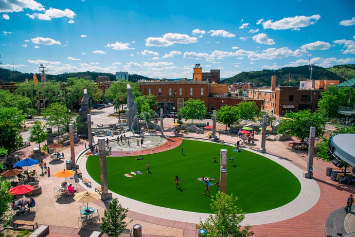 City square with turf and fountains in Rapid City, S.D.
