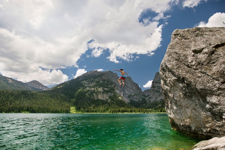 Jumping off Jumping Rock at Phelps Lake in Grand Teton National Park