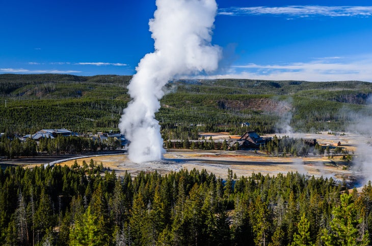 Yellowstone’s Old Faithful complex with hotels, restaurants and a visitor center.