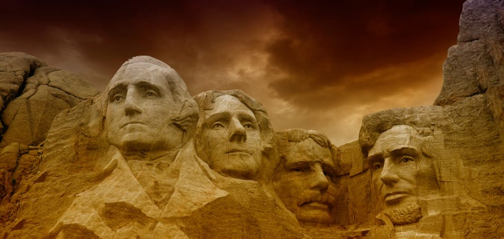 Mount Rushmore at sunset.