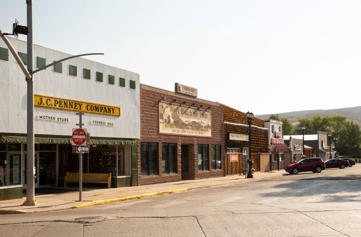Historic buildings in downtown Kemmerer including the original J.C. Penney store across from Triangle Park