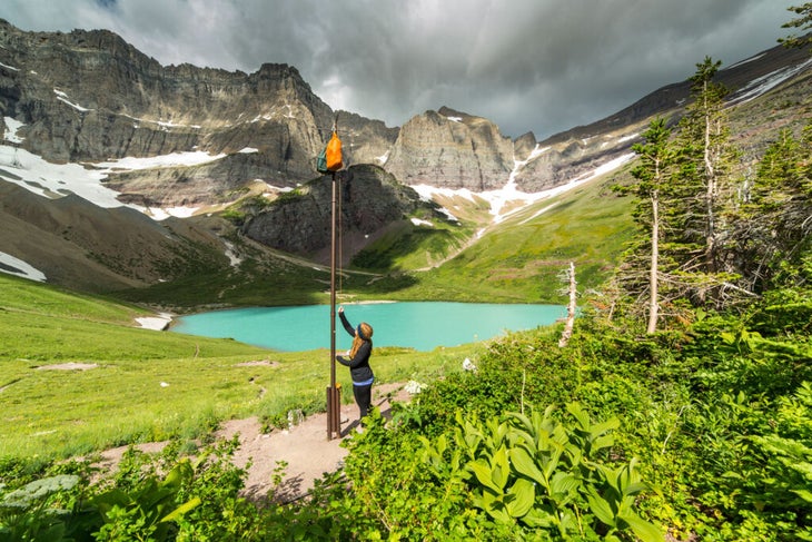 Hanging food at a backcountry campground at Cracker Lake in Glacier National Park